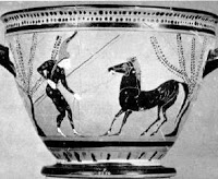 Amazon in pants training horse on Greek vase