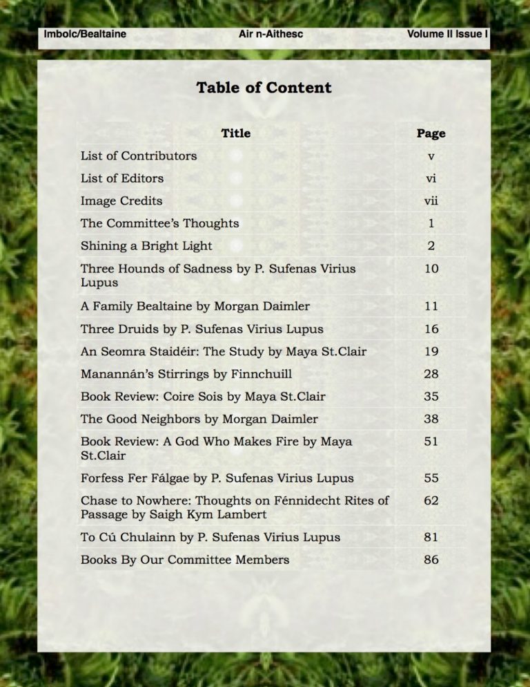 AnA Imbolc/Bealtaine 2015 table of contents