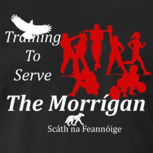 T-shirt design with Training to Serve The Morrigan, Scath na Feannoige for text and silhouettes of a crow, multiple people training in fitness and self-defense and a small wolf